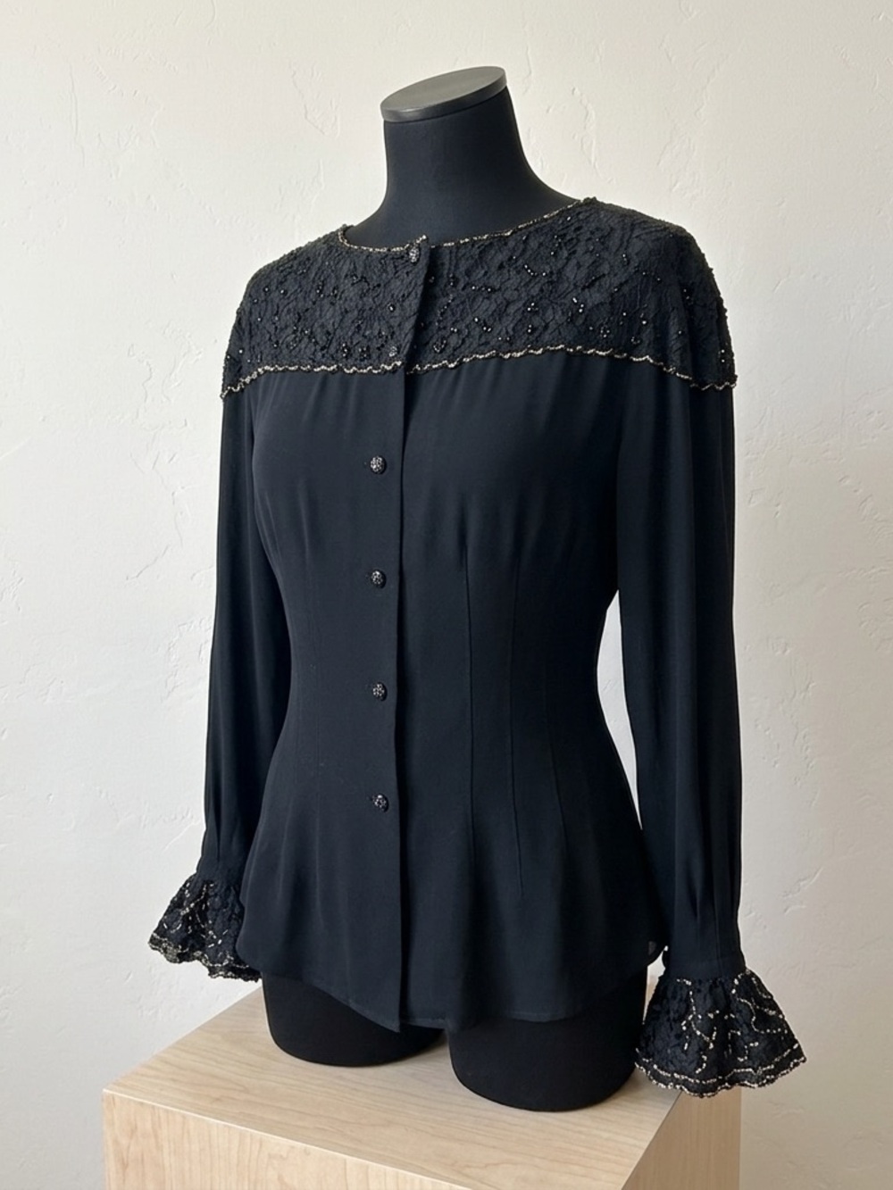 Black Women's Lace Yoke Button-Front Top